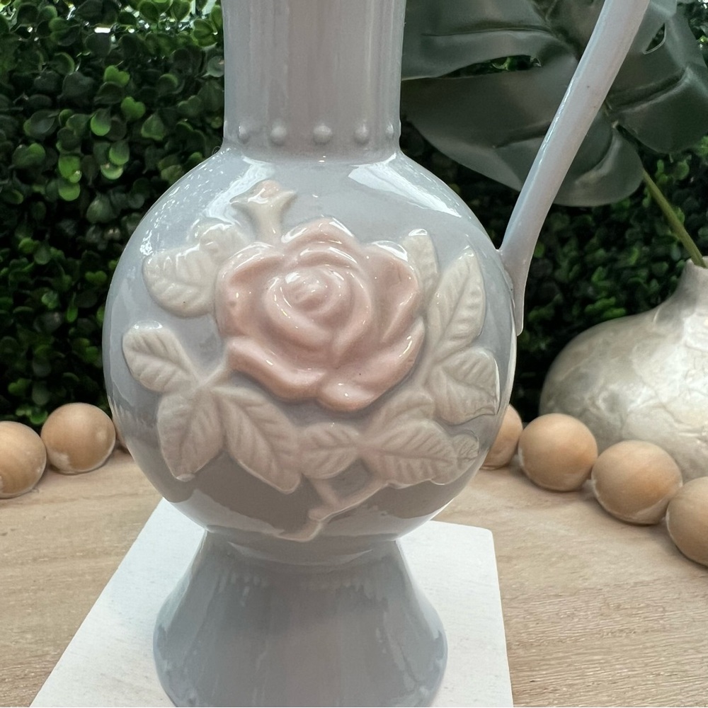 Vintage Light Blue Ceramic Pitcher with Rose Design | Small Bud Vase | Japan - Picture 2 of 10